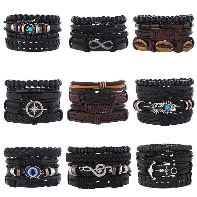 ブレスレット メンズ 男性用 パンク風 レトロ 多層 レザー 革 手編み 幾何学模様 無限 アンカー 音符 モチーフ カジュアル おしゃれ 普段使い アクセサリー 4点セット(4)