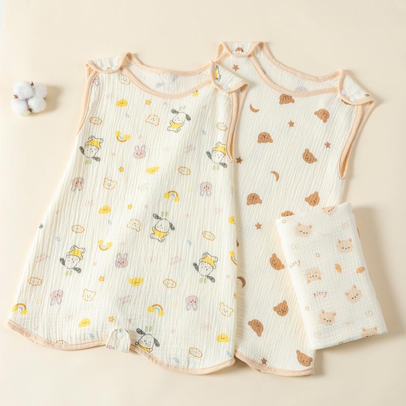 スリーパー ベビー 新生児 幼児 子供用 ガーゼ 綿 薄手 軽量 ノースリーブ ベストタイプ キャラクター柄 吸湿速乾 通気性 寝冷え防止 パジャマ ルームウェア お昼寝 夏