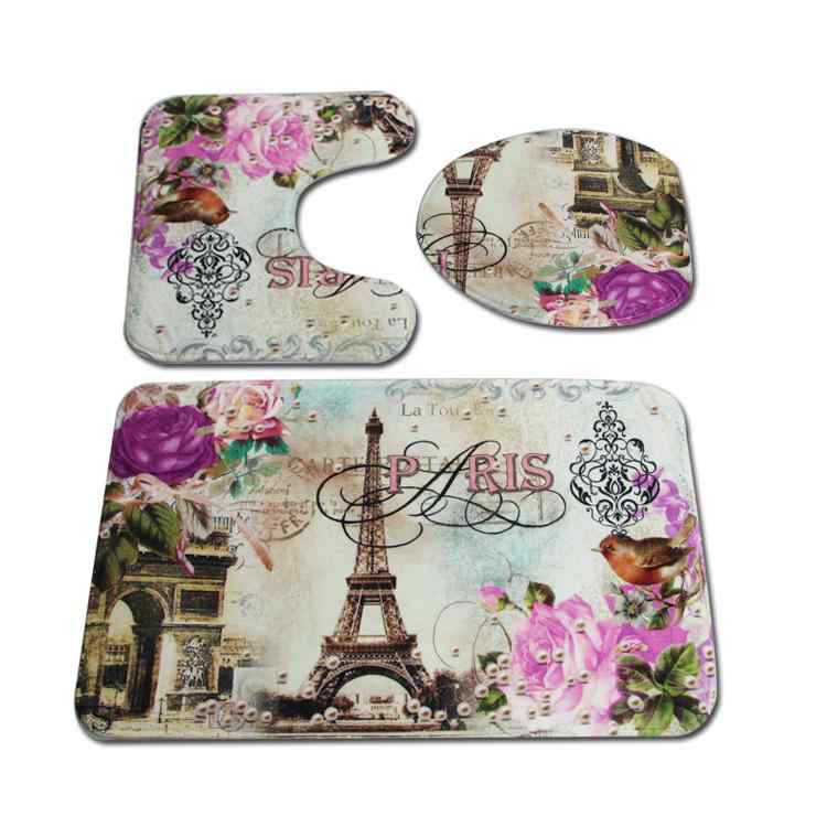 トイレマット 3点セット フランネル ポリエステル 熱転写プリント柄 浴室用 吸水 滑り止め ふわふわ U..