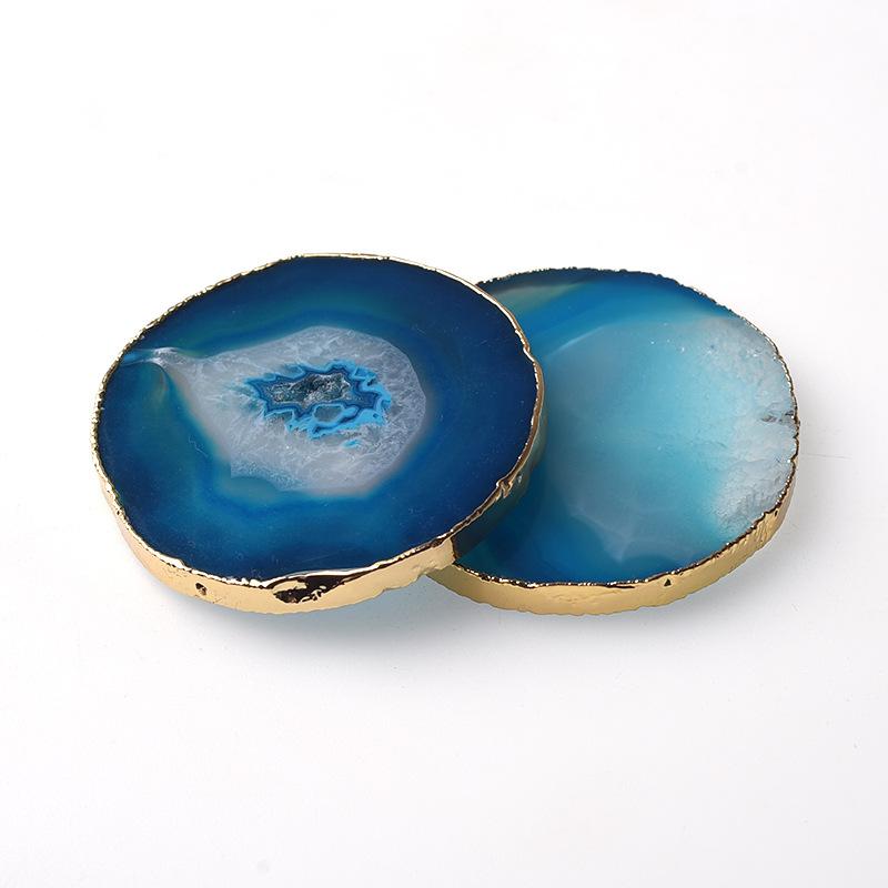 コースター 天然水晶 瑪瑙 アゲート スライス 電気メッキ 金縁 茶托 カップマット インテリア 雑貨 工..