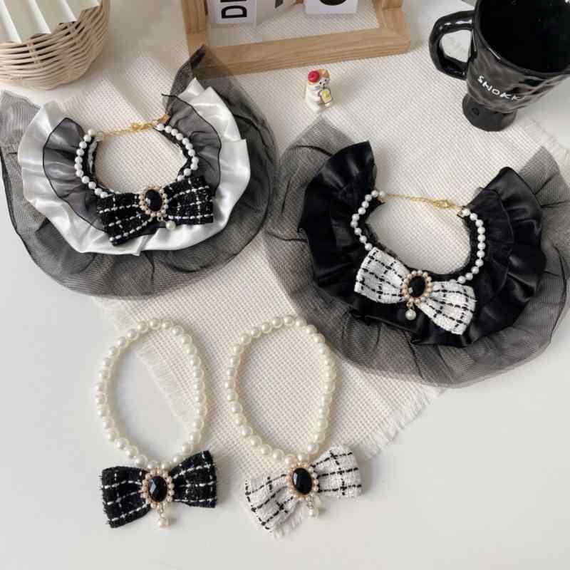 ペット用 犬猫用 パールネックレス リボン レース スタイ つけ襟 かわいい プリンセス風 ホワイト ブラ..