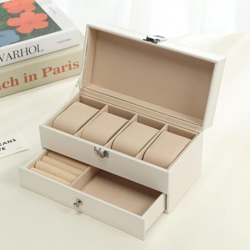 腕時計ケース 2段式 引き出しタイプ 4本収納 ジュエリーボックス アクセサリー入れ レザー製 一体型 ホワイト 白 整理整頓