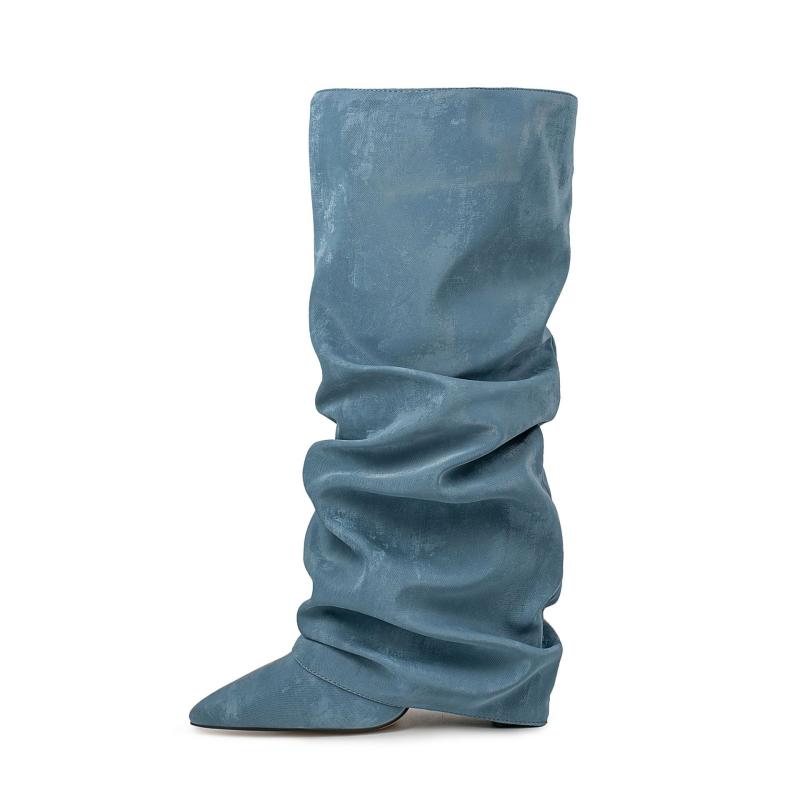 ロングブーツ レディース 女性用 欧米風 サテン調 クシュクシュ ルーズシルエット ニーハイ ポインテッ..