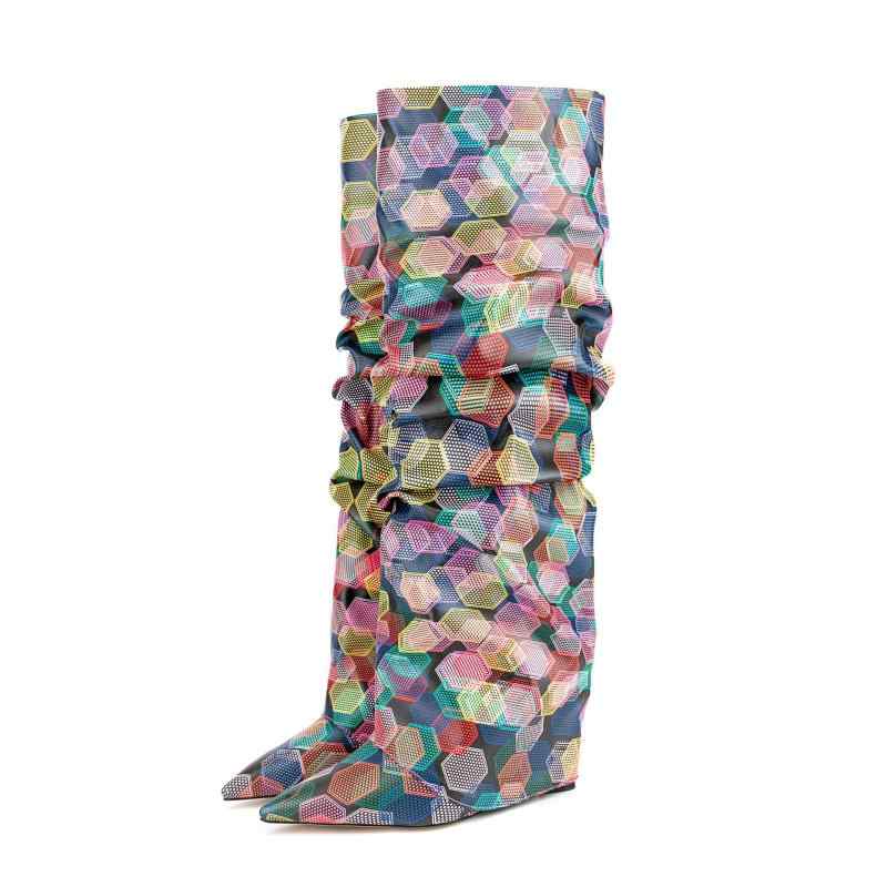 ブーツ レディース ニーハイ ロングブーツ ウェッジヒール 厚底 ポインテッドトゥ カラフル 幾何学模様 マイクロファイバー 合成皮革 欧米風 おしゃれ ファッション 脚長効果 美脚 スタイルアップ 暖かい フリース裏地 サイドジップ 歩きやすい