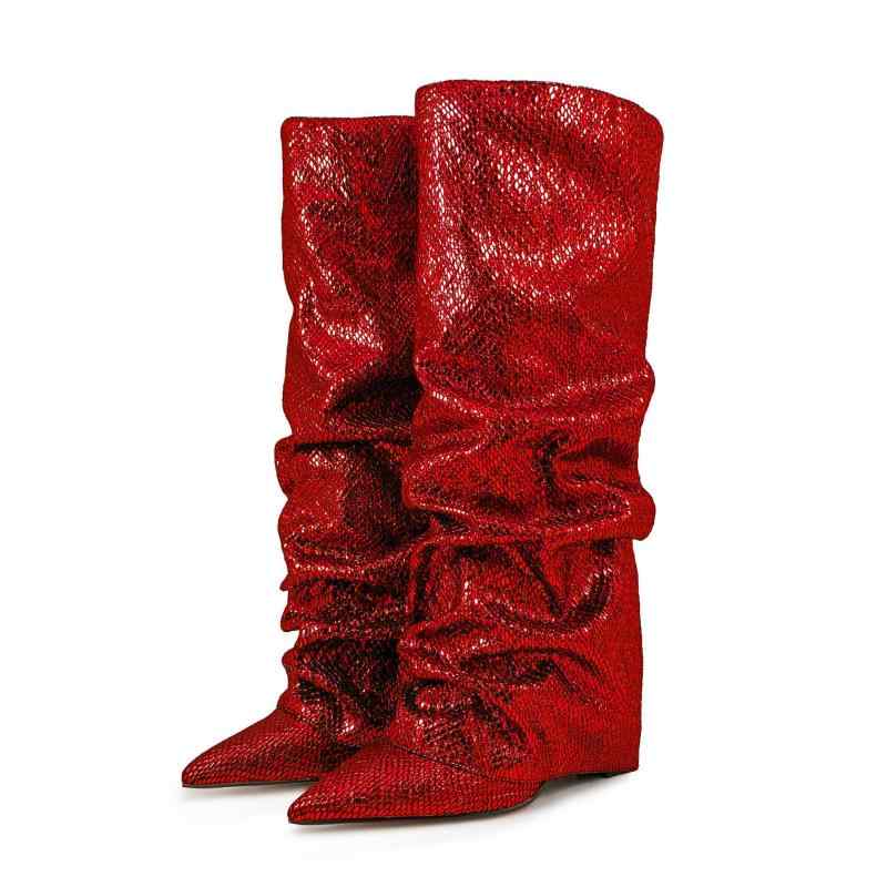 ブーツ レディース 女性用 ロングブーツ 膝丈 ポインテッドトゥ スティレット 超高 シワ加工 ライチ柄 ..