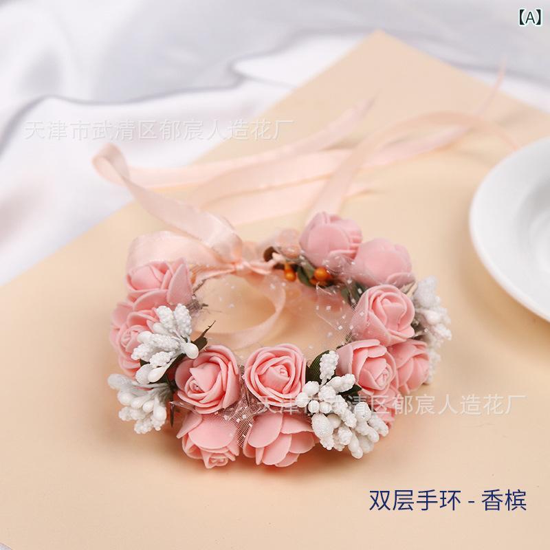 花りぼんのリストレット ウェディング ブライダル 花嫁 ゲスト 披露宴 キッズ ダンス 発表会 フォーム バラ ダブル 腕飾り シャンパン パープル ピンク レッド ホワイト｜アングル2