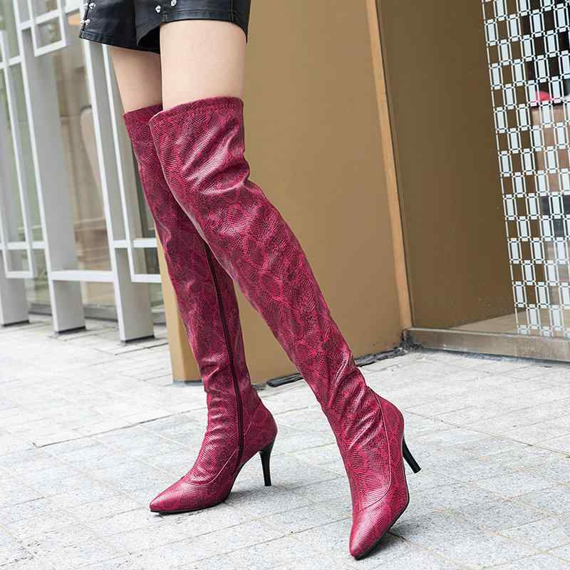 ブーツ レディース 秋冬 欧米風 合成皮革 切り替え ワインレッド ブラック ベージュ スネーク柄 ヒョウ柄 ニーハイ ロング丈 超高ヒール ピンヒール ポインテッドトゥ セクシー カジュアル