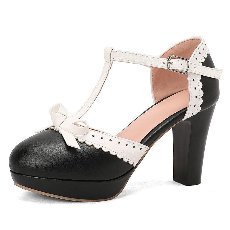 サンダル レディース つま先あり ラウンドトゥ 太ヒール ハイヒール リボン Tストラップ オープンワー..