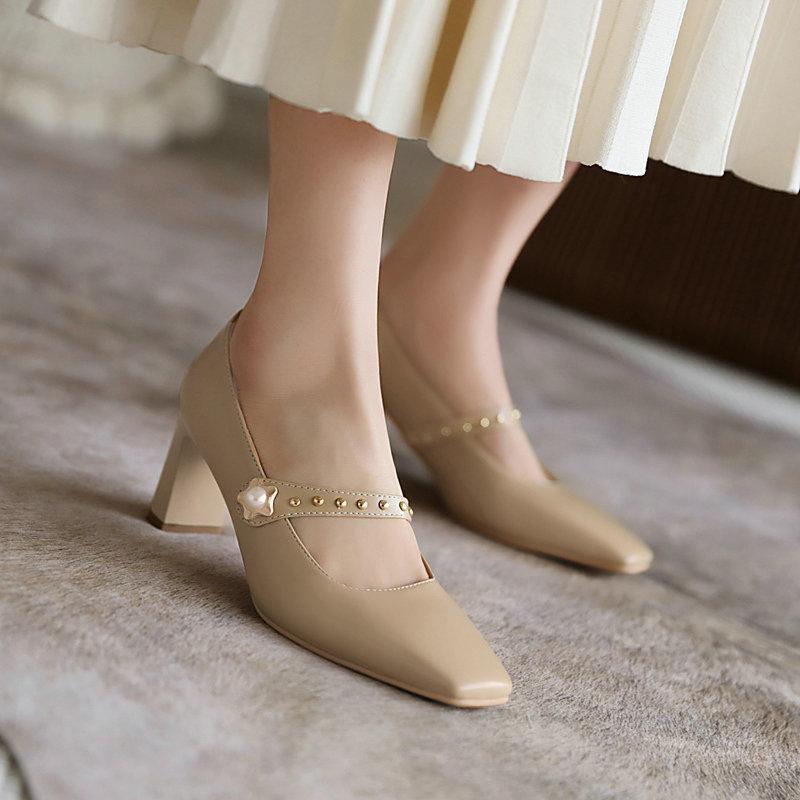 パンプス レディース メリージェーン スクエアトゥ チャンキーヒール 浅履き フェイクレザー ミドルヒール オフィス ビジネス 通勤 ベーシック 定番 春秋 ブ...