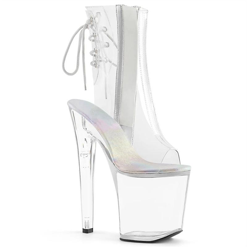 ブーツ レディース クリア 透明 オープントゥ ショートブーツ アンクル丈 20cmピンヒール 超ハイヒール 厚底 オープンワーク メッシュ ファッション スタイリッシュ ラウンドトゥ フロントジップ 合成皮革 春夏 スタイルアップ エレガント