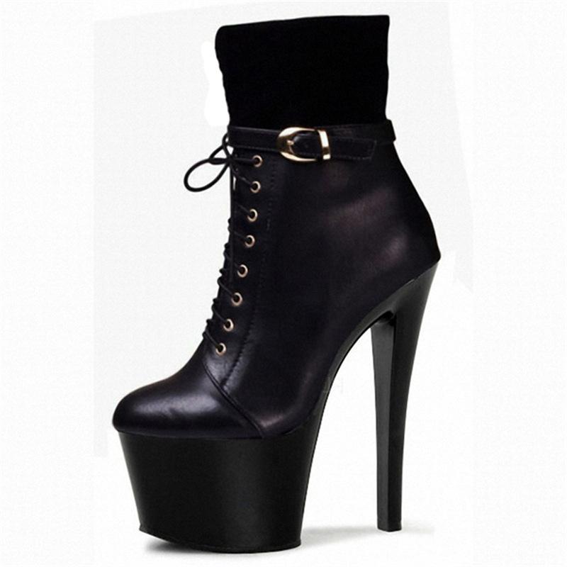 ブーツ レディース ポールダンス ダンス ステージ イベント 超ハイヒール プラットフォーム 細ヒール レースアップ ショートブーツ アンクルブーツ フェイクレザー 欧米風 セクシー スタイルアップ 脚長効果 ブラック 春秋