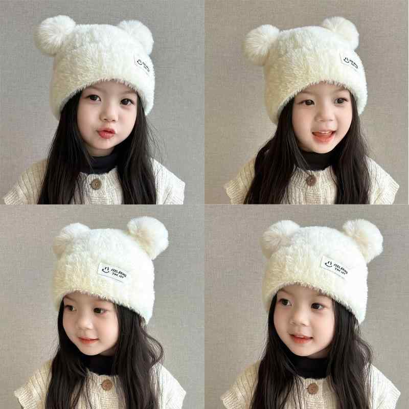 ニット帽 キッズ ベビー 子供用 秋冬 ダブルポンポン ふわふわ 耳あて付き 厚手 あったか スマイルワッペン かわいい キュート プリンセス 男の子 女の子 防寒 防風 通気性 アクリル毛糸(x2)