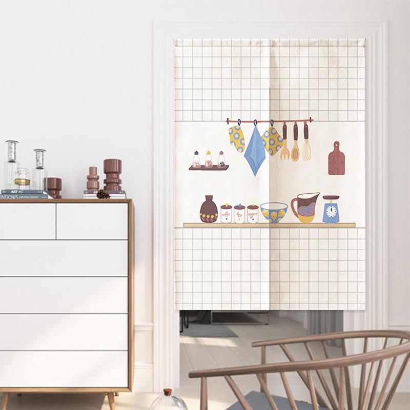 暖簾 布製ファブリック プリント柄 デザイン 目隠し 間仕切り 遮光 寝室 キッチン リビング 玄関 油煙対策 防油 穴あけ不要 突っ張り棒式 ポリエステル 簡単設置(x2)
