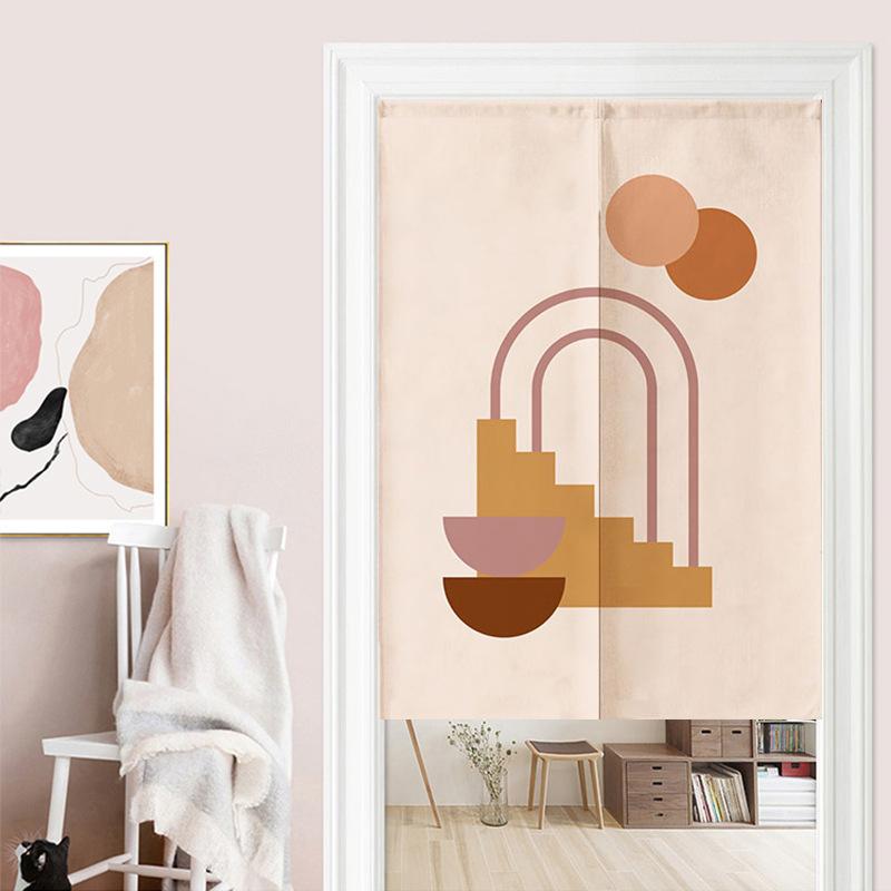 暖簾 招き猫柄 北欧風 穴開け不要 突っ張り棒式 間仕切り 目隠し キッチン 寝室 リビング ダイニング カフェカーテン 布製 ポリエステル 綿 ショート丈 家庭用 店舗用(x2)