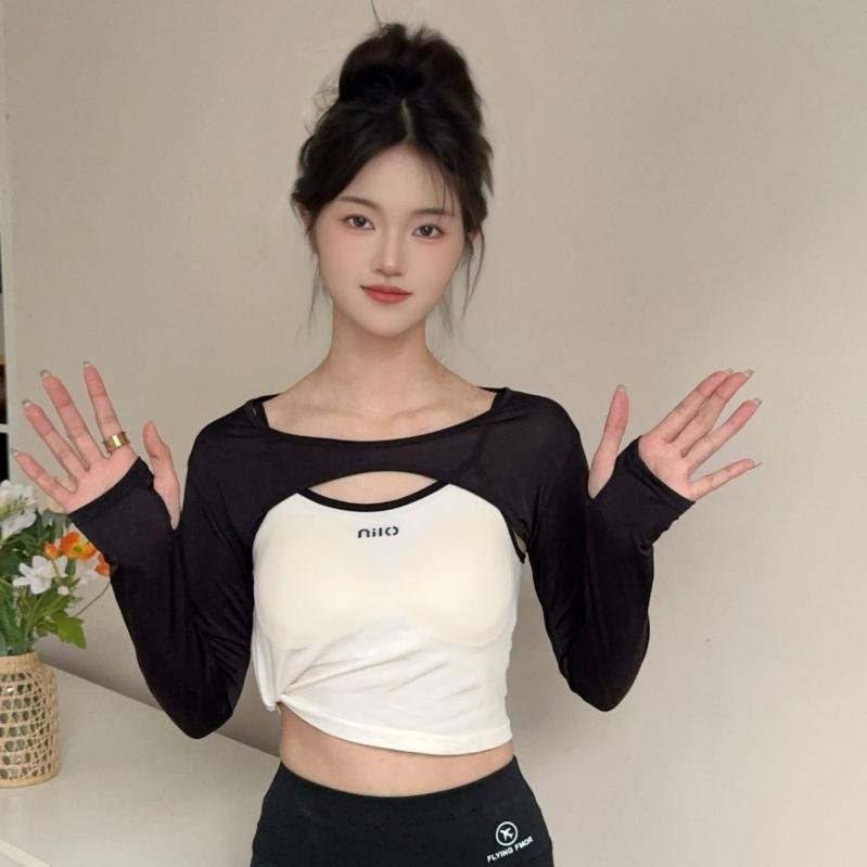 アームカバー レディース 春夏 アウトドア スポーツ 運動 ヨガ 日焼け防止 UVカット 接触冷感 薄手 軽量 通気性 伸縮性 ショート丈 ボレロ一体型(x2)