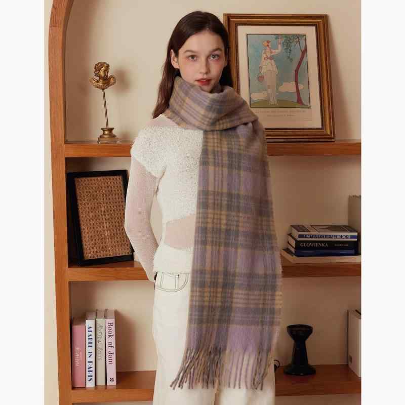 ストール レディース ミラードカラー ブラウン系 フェイクカシミヤ チェック柄 防寒 保温 ショール レ..