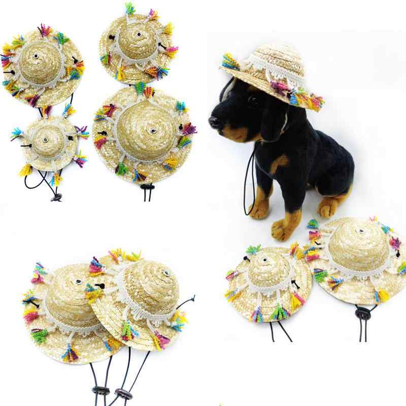 ペット用帽子 犬 猫 麦わら帽子 日よけ帽子 サマーハット 草編み 手描き 花柄 おしゃれ かわいい 個性..