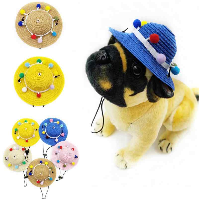 犬 猫用 手編み 麦わら帽子 ポンポン 日よけハット かわいい 夏用 ストロー素材 紫外線対策 お散歩 写..