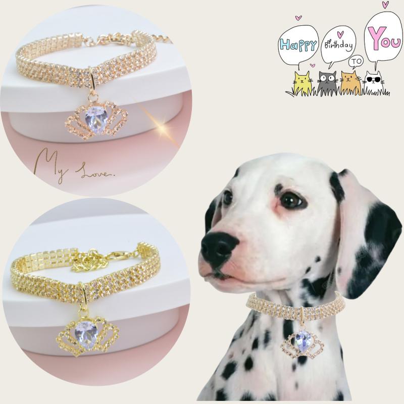 ネックレス 猫 犬用 ペット用 クラウン 王冠 ラインストーン ジルコニア 三連 フルパヴェ プリンセス風 高級感 銅製 ローズゴールド ゴールド SMLサイズ(x2)