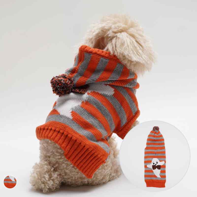 ペット用セーター ユニセックス 秋冬 犬 猫用 アクリル素材 配色ストライプ ゴーストモチーフ フード付..