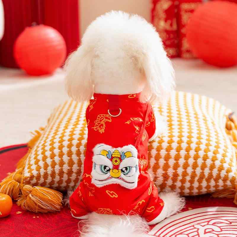 ペットウェア 小型犬 猫 秋冬 防寒 あったか 獅子舞 ポシェット付き お正月 新春 中華風 四足 つなぎ ..