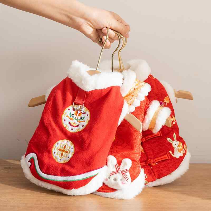 ペット服 秋冬 犬 猫 ビション テディ お正月 チャイナ服 中綿入り ボア フリース ジャケット かわいい..