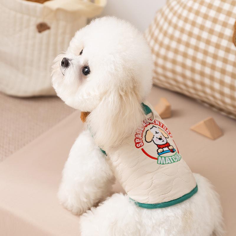 ペット服 小型犬 韓国風 シンプル 宇宙柄 リード穴付き 2足タイプ 中綿ベスト 厚手 暖かい 防寒 お散歩着 オフホワイト カジュアル ポリエステル素材 男女兼用 秋冬