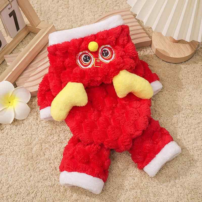 ペット ドッグウェア 小型犬 猫 兼用 秋冬 ドラゴン 角付き チャイナ服風 四足ロンパース フリース ボ..