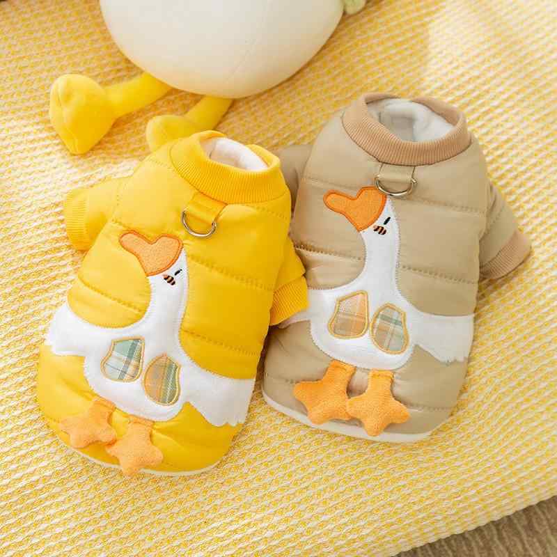 犬服 かわいい キャラクター 白ガチョウ アップリケ刺繍 秋冬 厚手 中綿入り 保温 防寒 暖かい リード..