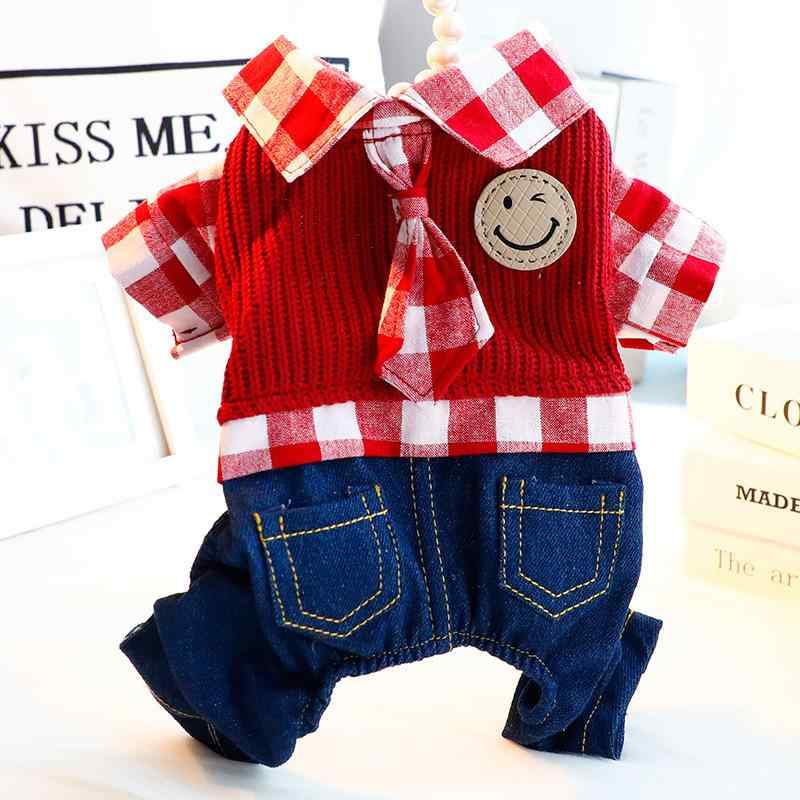 犬服 ドッグウェア 小型犬 トイプードル テディ 春秋冬 スマイル チェック ネクタイ デニム オールイン..