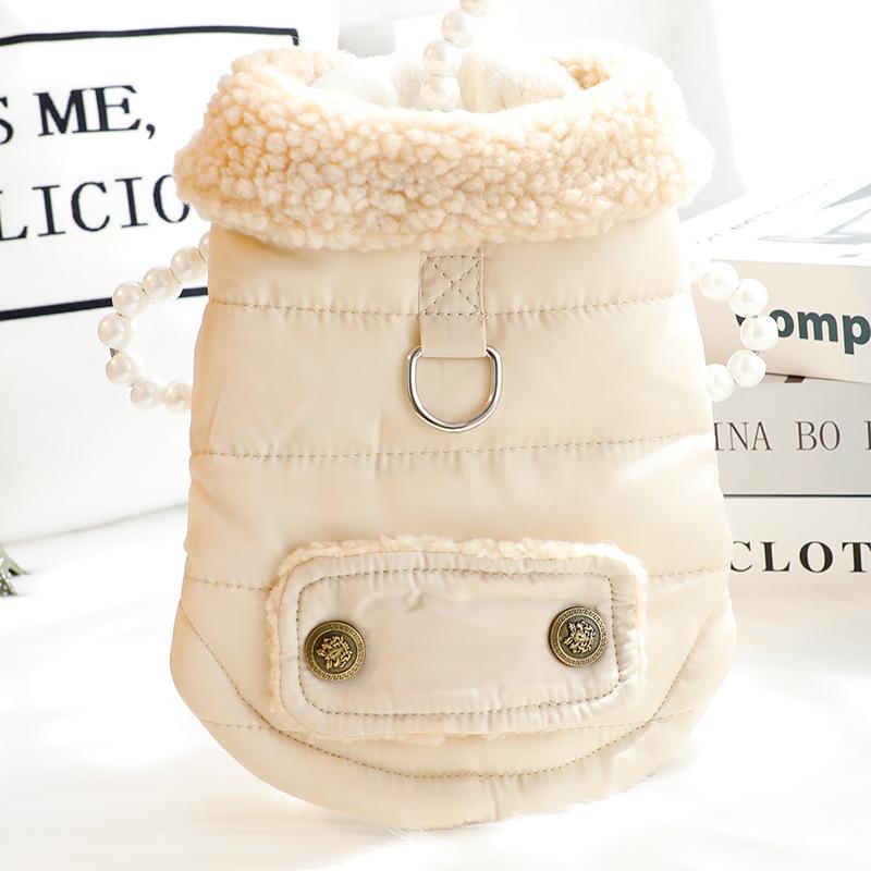 ペットウェア 小型犬 テディ 猫用 秋冬 厚手 暖かい 防寒 北欧風 ファー襟 ボア襟 リード穴付き ハーネ..