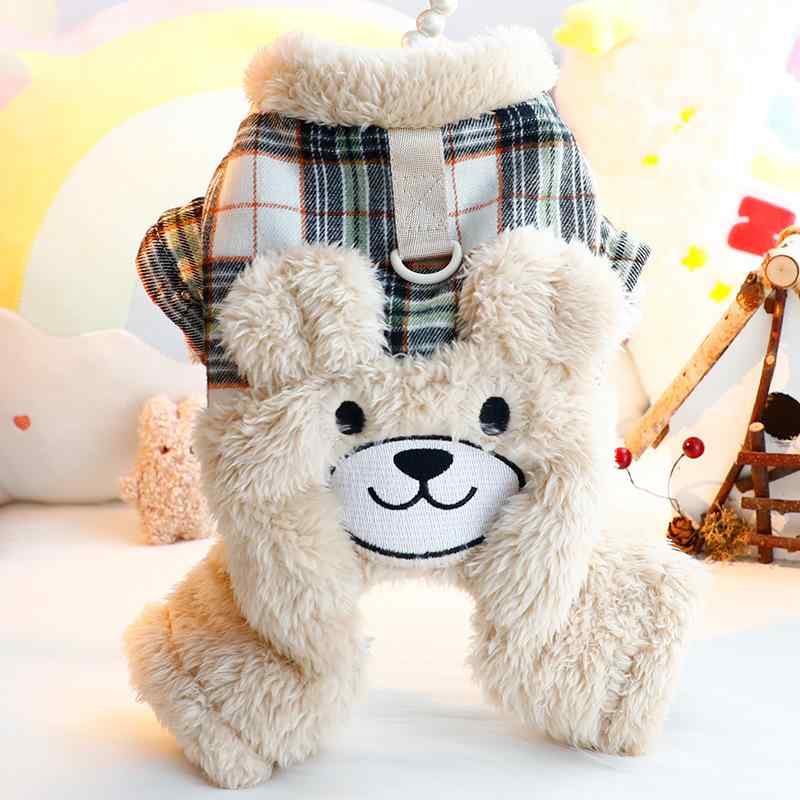 ドッグウェア 秋冬 中綿入り クマモチーフ チェック柄切り替え 厚手 暖か 防寒 カジュアル 小型犬用 オ..
