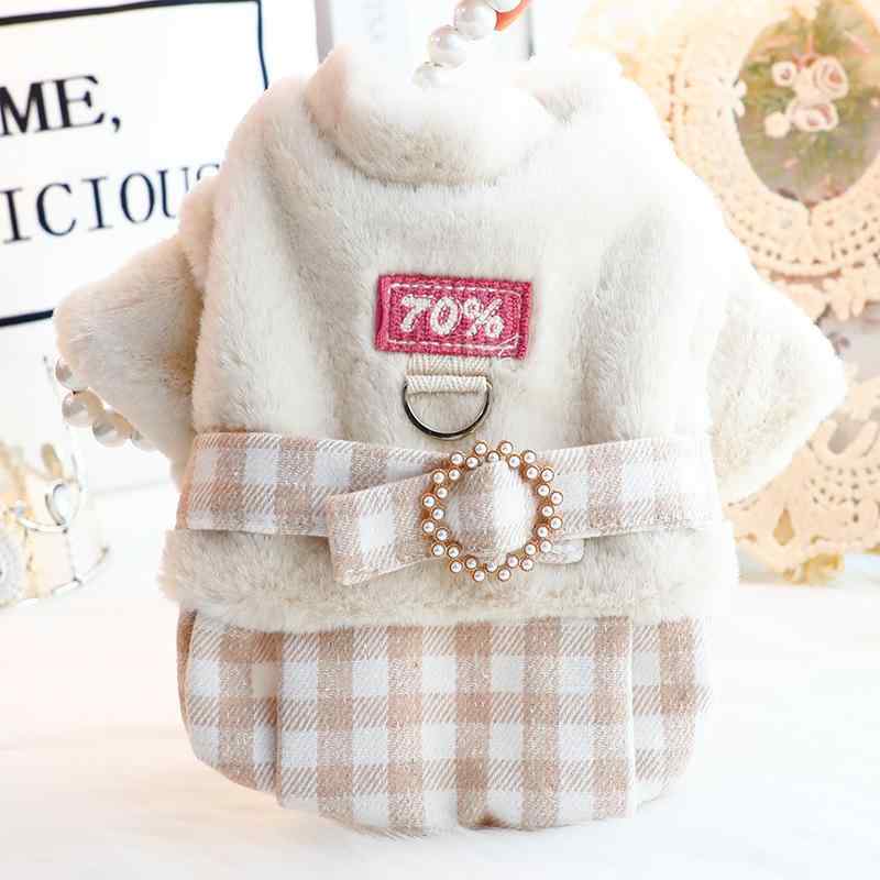 犬服 小型犬 猫用 プリンセス 秋冬 中綿コート 厚手 暖か 防寒 フェイクファー ラビットファー風 ピンク オフホワイト リボンベルト リードフック付き かわいい ドッグウェア トイプードル チワワ ポメラニアン