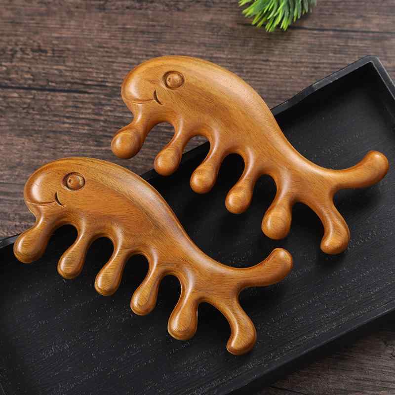 マッサージコーム 男女兼用 檀木製 経絡 頭皮マッサージ スカルプケア 抜け毛予防 育毛 薄毛対策 幅広歯 5本歯 かっさプレート ヘッドスパ リラックス 血行促進 天然木