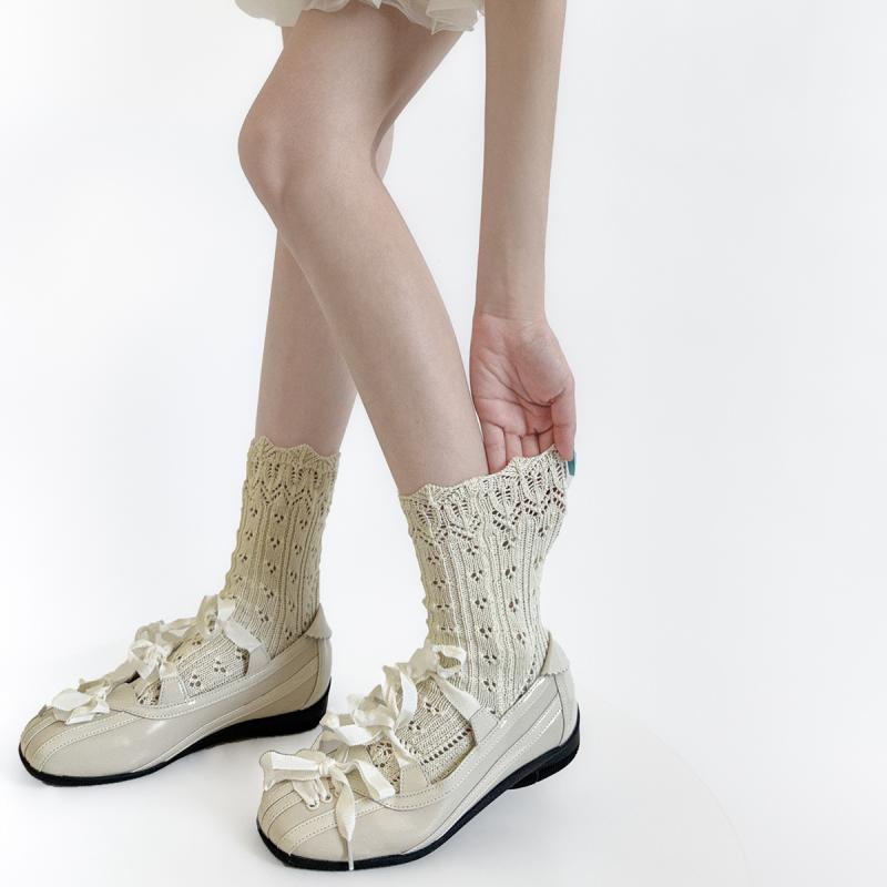 ソックス レディース ガールズ ミドル丈 透かし編み フリル リブ編み レトロ スウィート アクリル ニット 吸汗 滑り止め 普段使い オールシーズン