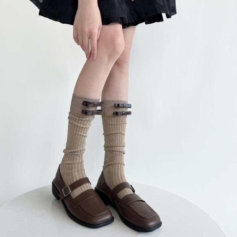 ミドルソックス レディース 春夏秋 キラキラ ラメ くしゅくしゅ ルーズ レトロ クラシカル リボン 縦縞..