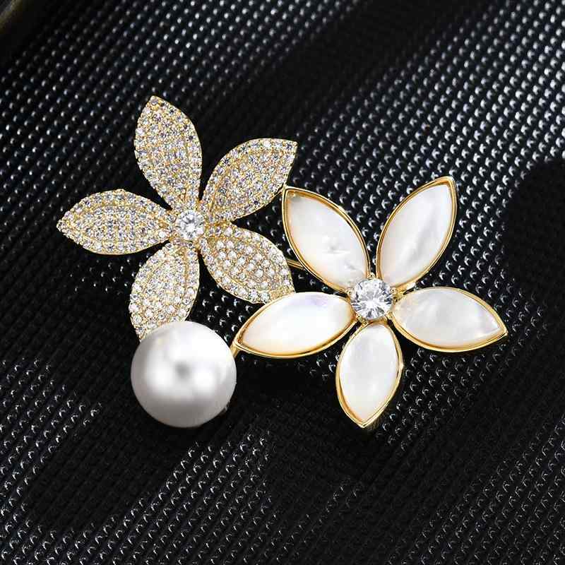 ブローチ レディース 高級感 貝殻 五弁花 ジルコニア 銅製 金メッキ ゴールド フラワー アクセサリー ..