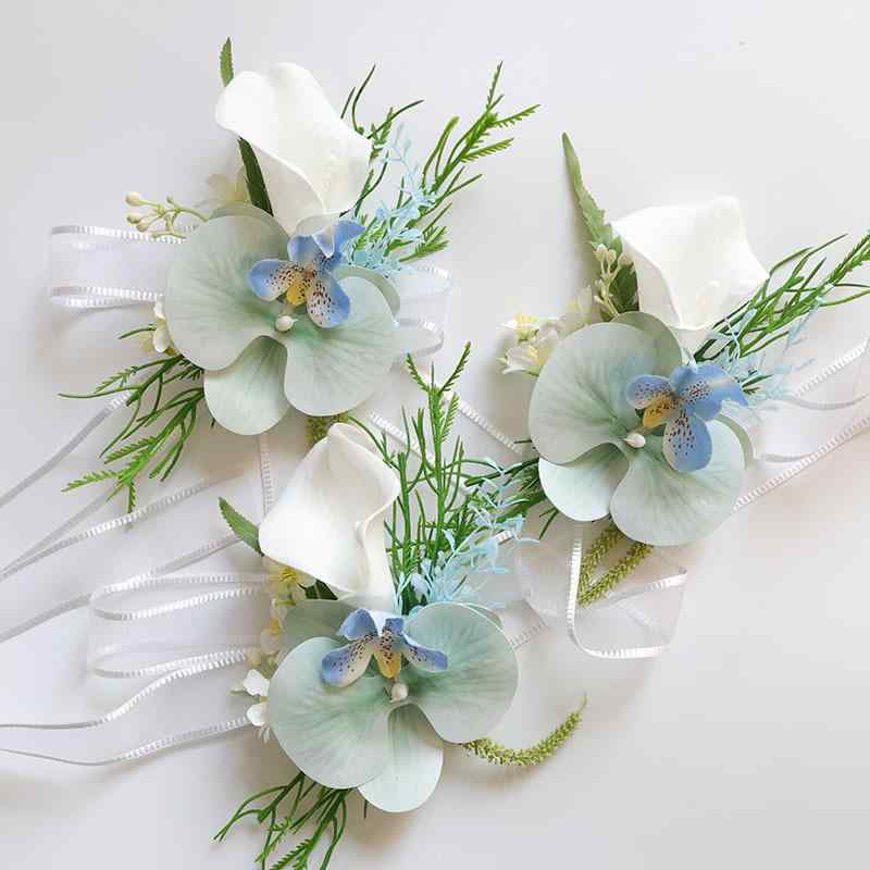 造花 結婚式 ウェディング 披露宴 ゲスト 胸花 コサージュ ブートニア リストブーケ リストレット ホワイト ブルー 白 青 カラーリリー 胡蝶蘭 上品 エレガント 華やか 布 ファブリック