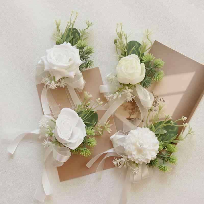 ウェディング小物 結婚式 ブライダル 造花 ブートニア リストブーケ 新郎 新婦 ゲスト 白 バラ ホワイ..