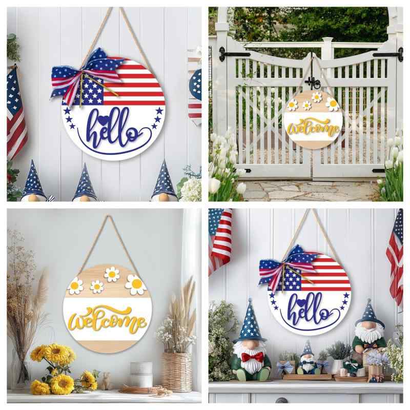 ウォールデコレーション 独立記念日 リース 花環 ダブルレイヤー 木製 丸型プレート 壁掛け 吊り下げ 室内装飾 リビング 寝室 玄関 インテリア オーナメント(x2)