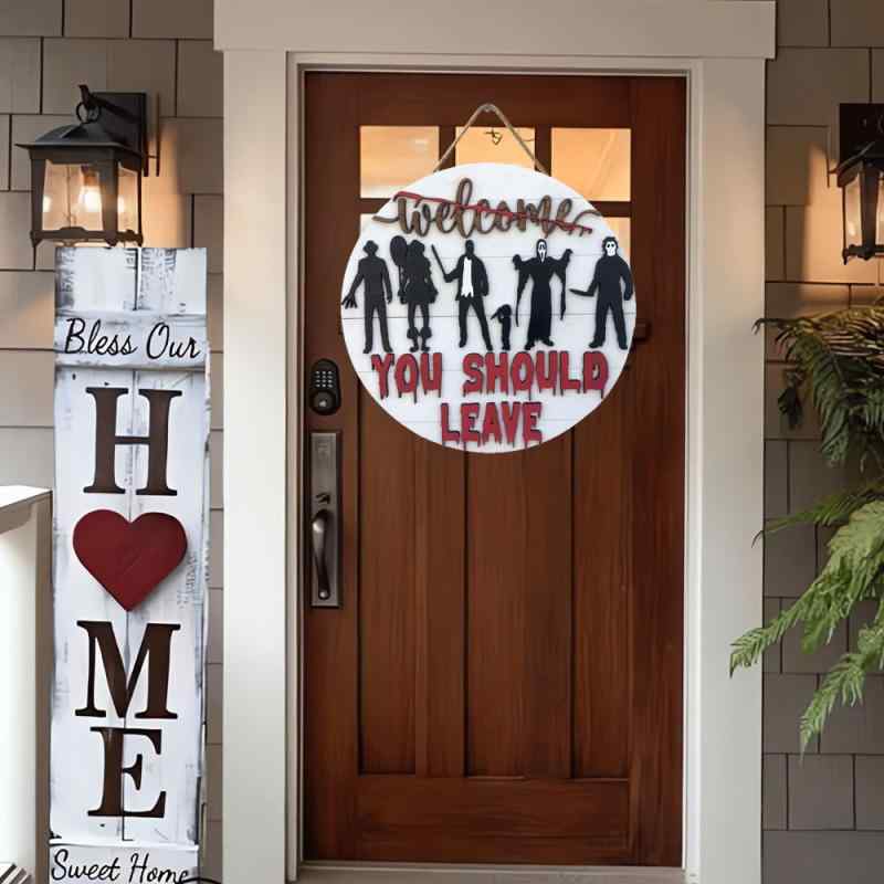 インテリア ハロウィン ホラー 2D 黄楊木 木製 円形 サイン プレート 壁掛け オブジェ デコレーション モダン シンプル おしゃれ 飾り 雑貨(x2)