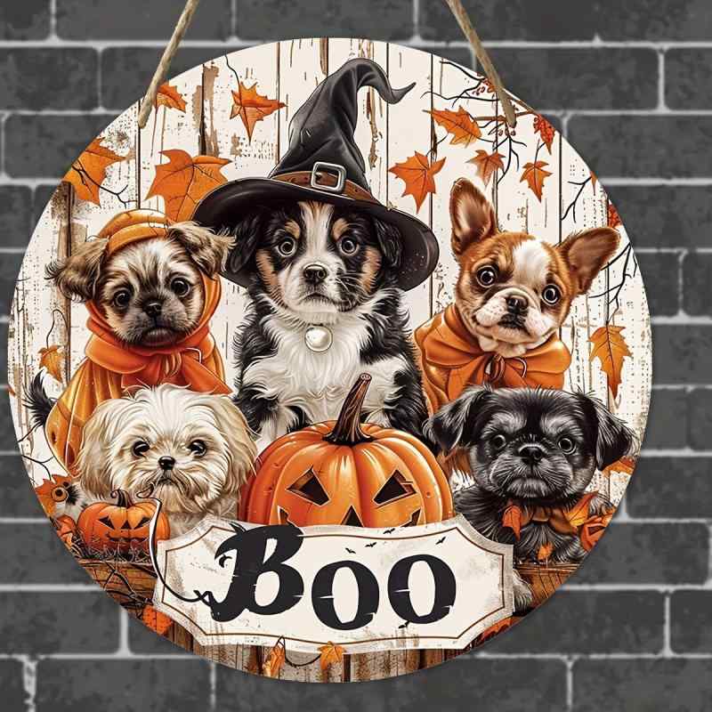 インテリアプレート ウォールデコ ハロウィン 魔女 猫 犬 木製 丸型 ホームデコレーション 部屋飾り 玄関飾り ツゲ材 かわいい ユニーク(x2)