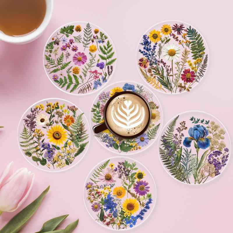 コースター アクリル 小花柄 フラワー柄 アジアンテイスト 円形 丸型 モダン シンプル 家庭用 パーティー バー 来客用 インテリア 飾り おしゃれ