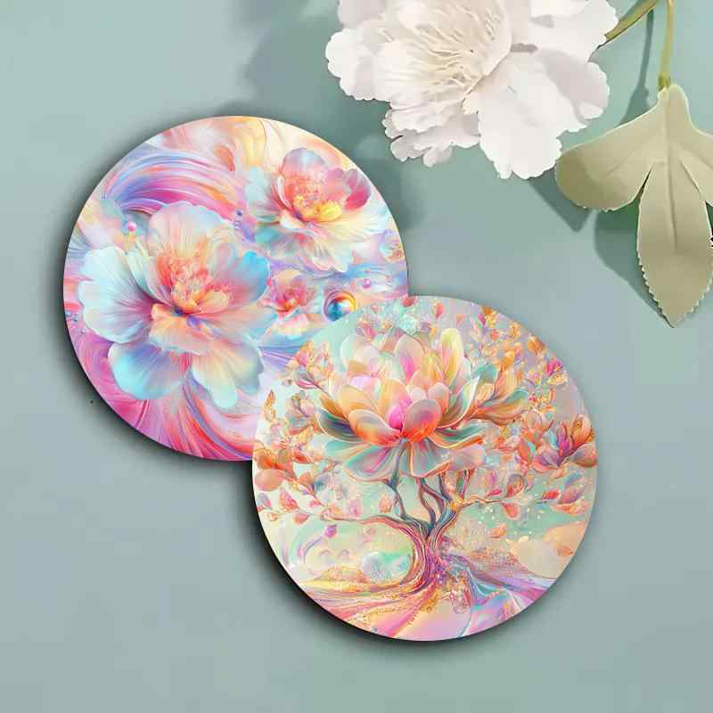 コースター チャイナ風 カラフル 花柄 ハチドリ アクリル 2Dデザイン 円形 モダン おしゃれ 家庭用 パ..