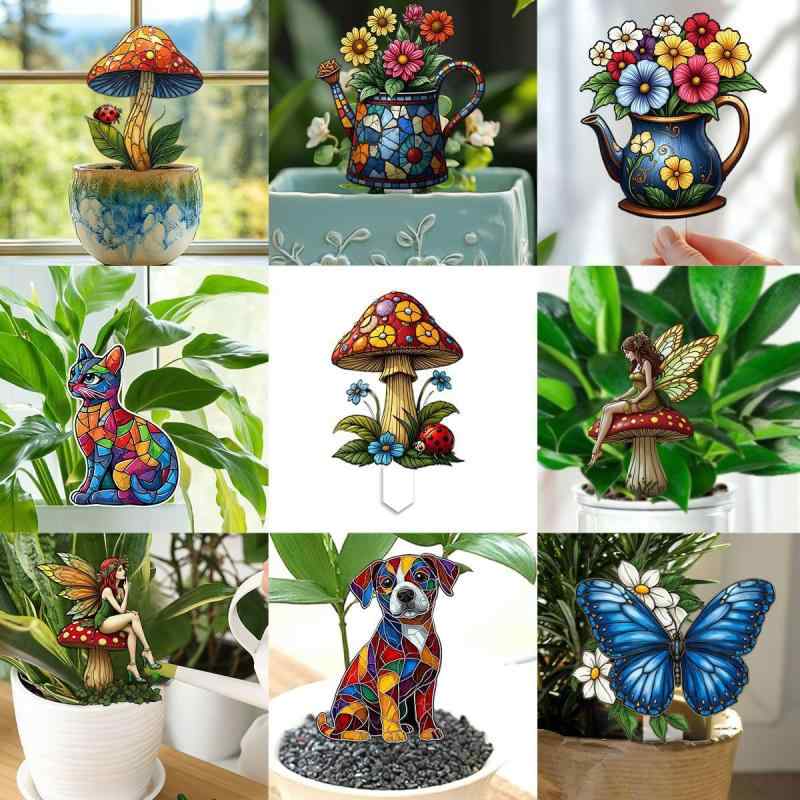 観葉植物オーナメント アクリル製 ステンドグラス風 盆栽ピック 花 ガーデニング グリーンデコレーション おしゃれ 卓上 差し込み式 インテリア雑貨 モダン(x2)