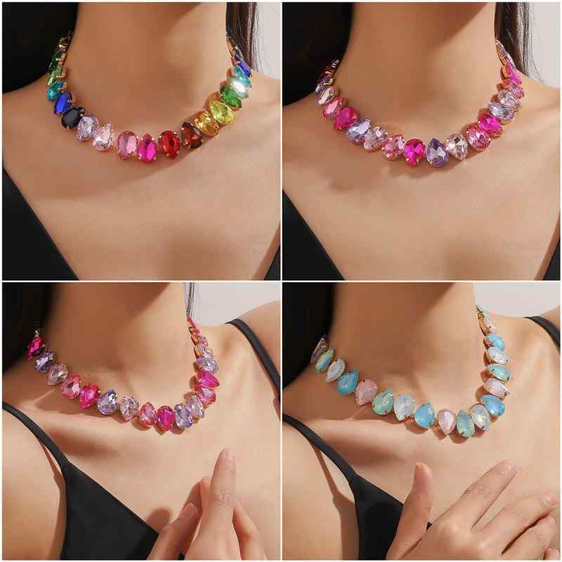 ジュエリー レディース カラフル 水滴型 ネックレス ピアス セット 欧米風 春夏 トレンド ジルコニア 幾何学デザイン 上品 普段使い お出かけ アクセサリー