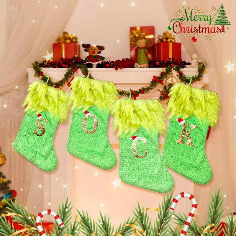 クリスマスソックス ニット グリーン ふわふわ アルファベット ポリエステル 欧米風 かわいい クリスマスツリー 飾り付け 壁掛け 装飾 オーナメント 菓子入れ ギフト プレゼント袋