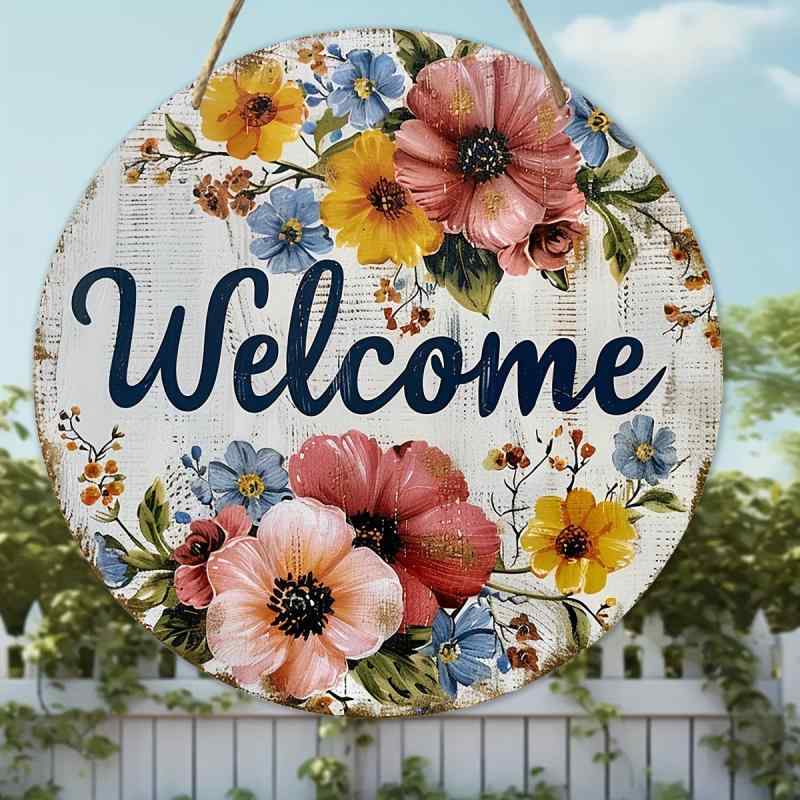 インテリア雑貨 木製 円形 サインプレート ウェルカム フラワー 花柄 デザイン おしゃれ モダン シンプル ドア飾り 玄関 リビング 壁掛け ウォールデコ ルームアクセント(x2)