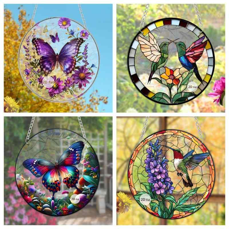 窓飾り 動物 蝶 小鳥 アクリル製 2D 虹色 カラーフィルム 吊り下げ式 カラフル 玄関 ポーチ 壁飾り インテリア おしゃれ ナチュラル(x2)