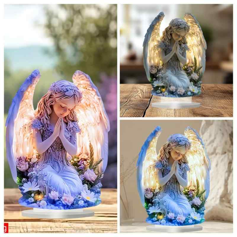 置物 レトロ ヴィンテージ カラフル 照明付き 祈り 天使像 プリント アクリル製 卓上 デスクトップ デ..